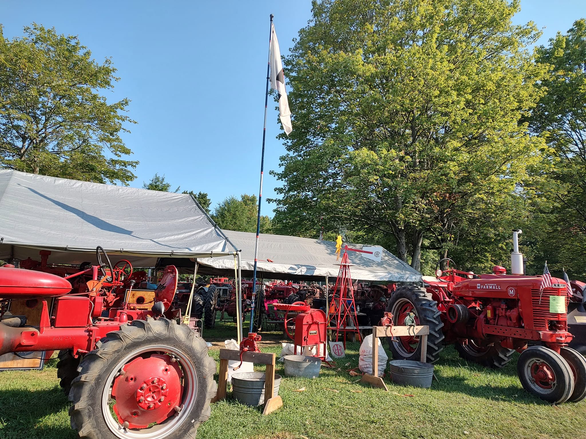 Large canopied tent display with a row of small red International tractors lined up outside